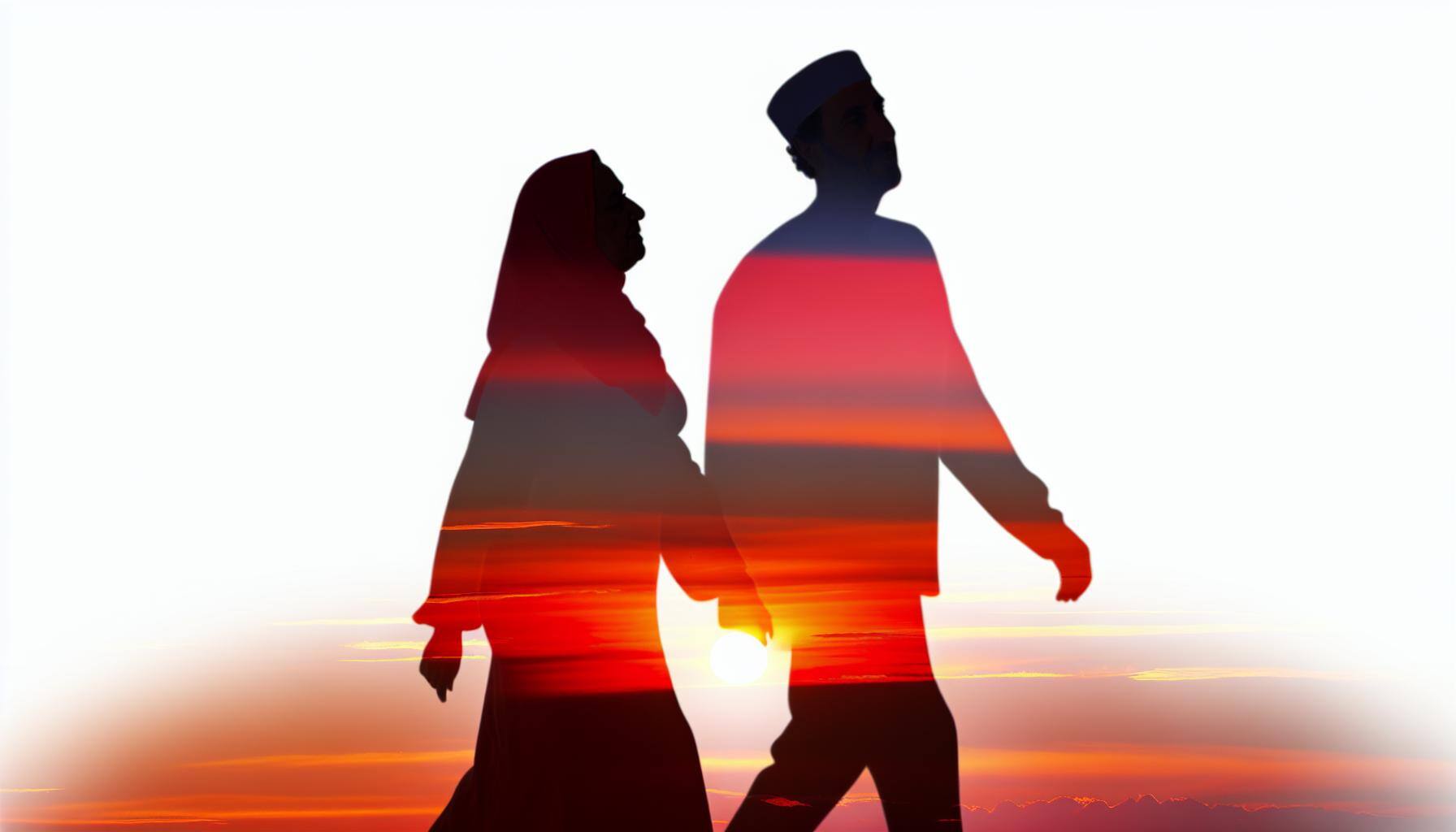 A female and man walking into a simple sunset