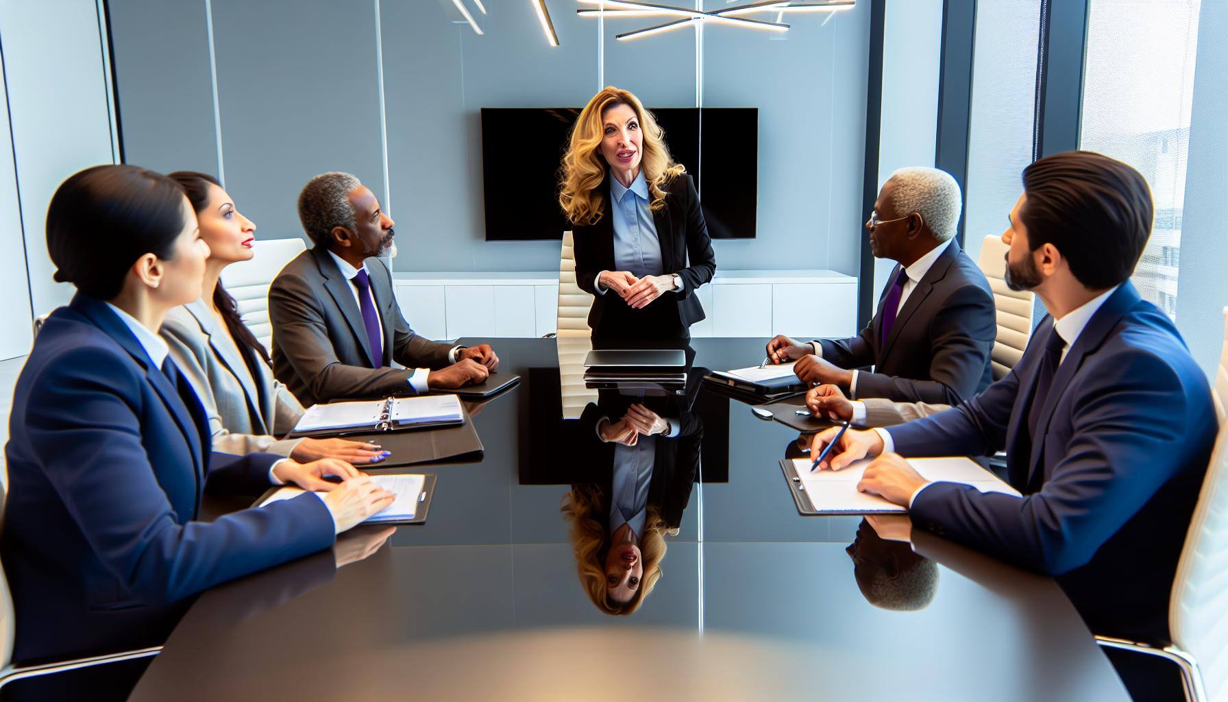 female leader with executive talking to a board table of people